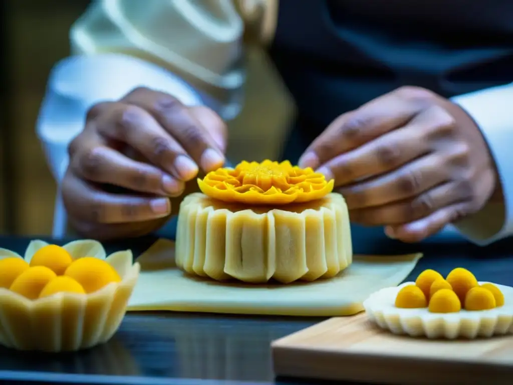 Chef experto moldea mooncakes con destreza, detalle y pasión, celebrando la Fiesta del Medio Otoño gastronomía