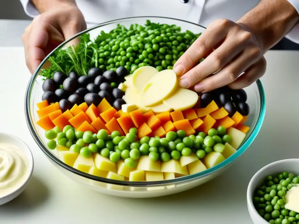 Un chef experto prepara con destreza una ensaladilla Olivier, destacando los colores vibrantes de los ingredientes