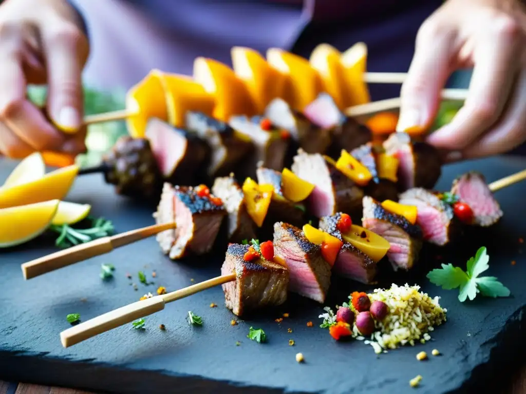 Un chef experto moldea con destreza especias vibrantes en brocheta de cordero en bullicioso mercado mediterráneo, influencia árabe cocina mediterránea