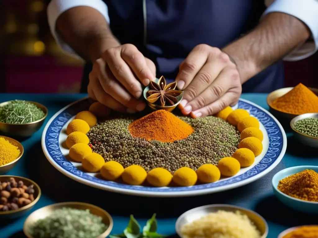 Un chef experto dispone con destreza especias en un colorido plato, preservando la herencia culinaria del Califato Abásida