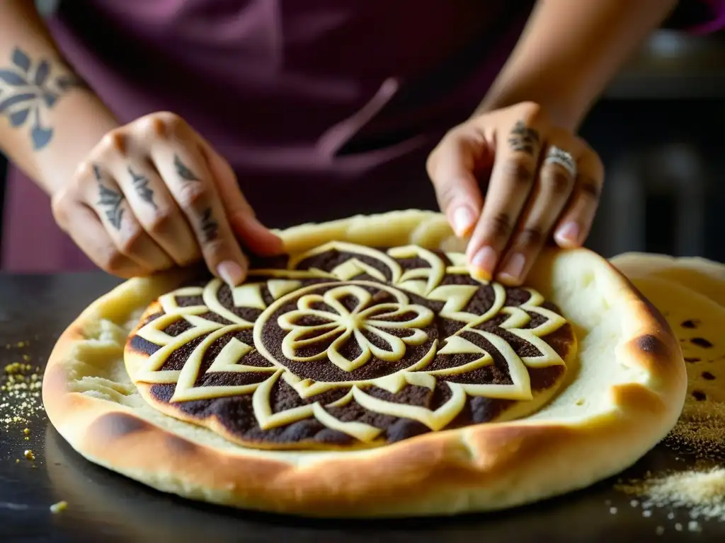 Un chef experto moldea con destreza un naan recién horneado, fusionando técnicas culinarias del sur de Asia e influencias islámicas