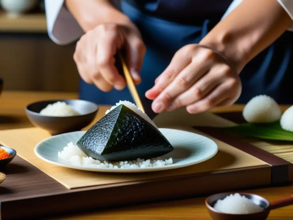 Un chef experto moldea con destreza un onigiri tradicional, con gran detalle y elegancia en una cocina japonesa auténtica