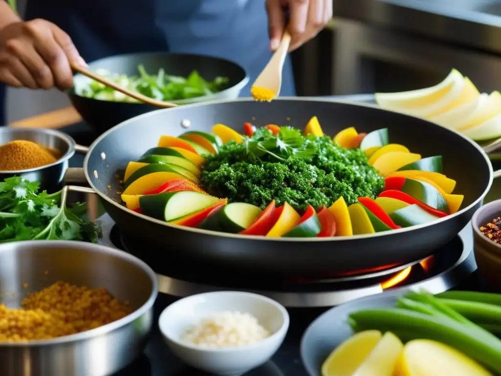 Un chef experto prepara con destreza un plato Mongol-India en una cocina bulliciosa, en una fusión histórica de sabores y técnicas culinarias