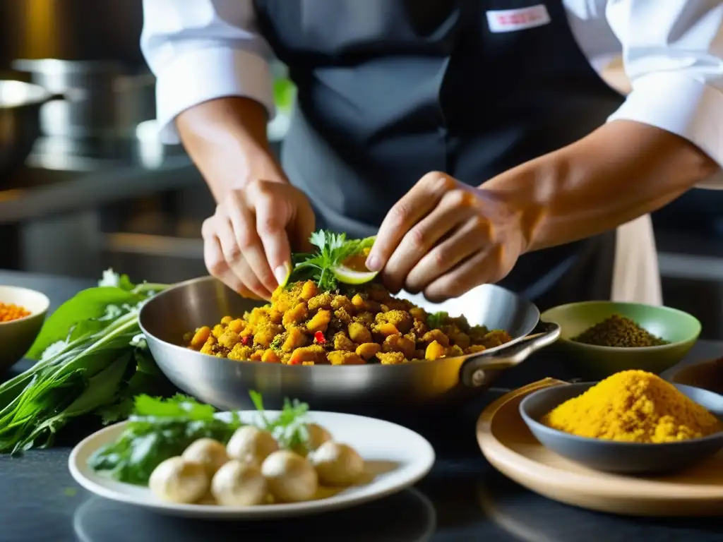 Un chef experto prepara con destreza un plato IndoChino, mostrando la influencia culinaria del budismo e hinduismo