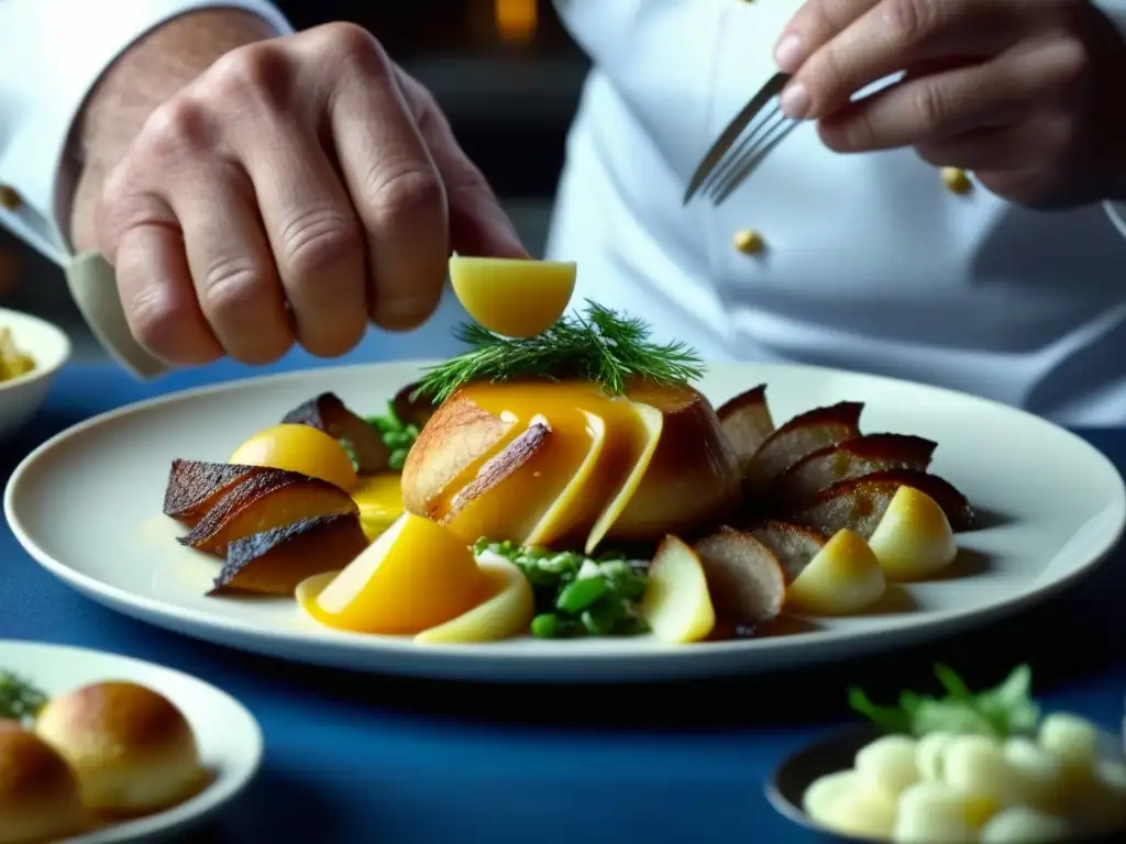 Un chef experto en Lyon muestra su destreza en una revuelta culinaria francesa Lyon, resaltando colores y texturas