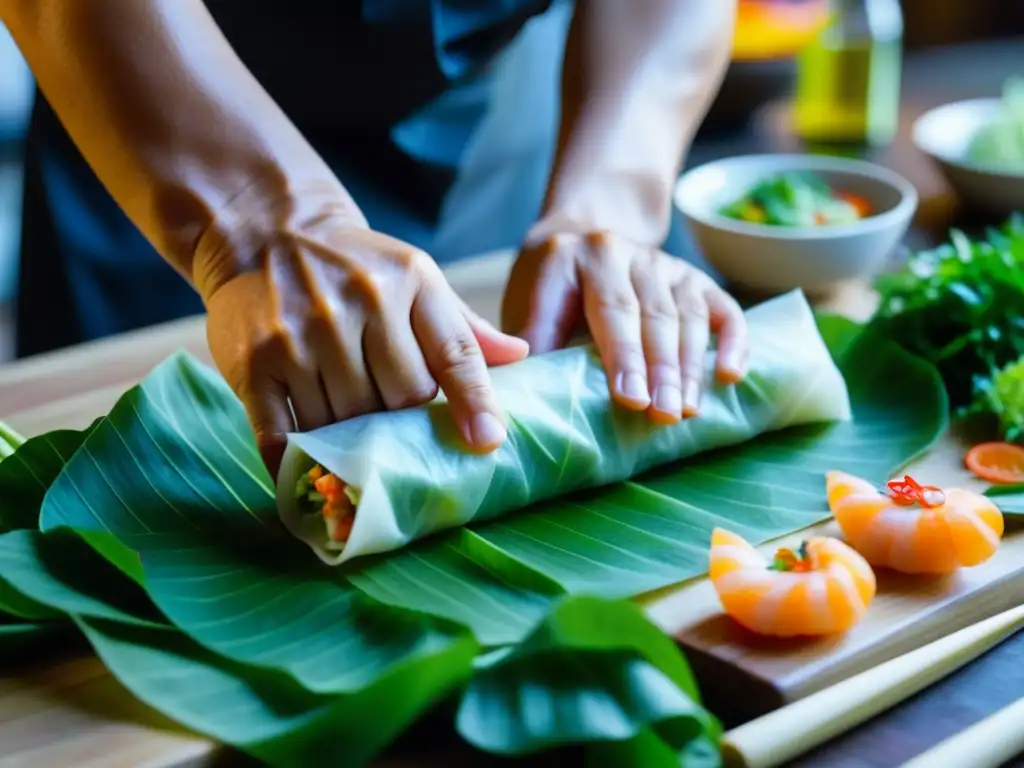 Un chef experto envuelve con destreza un rollito vietnamita, resaltando la fusión culinaria IndoChina historia