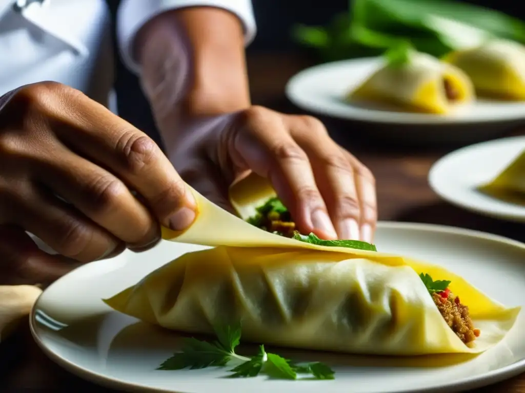 Un chef experto preparando con destreza wantanes rellenos, mostrando su precisión y pasión por la receta