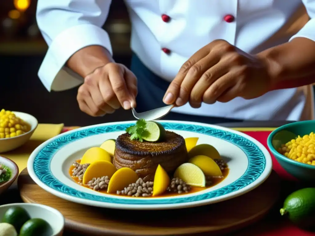 Un chef experto preparando con detalle un plato tradicional colombiano, resaltando la Importancia del Intercambio Colombino en la Gastronomía