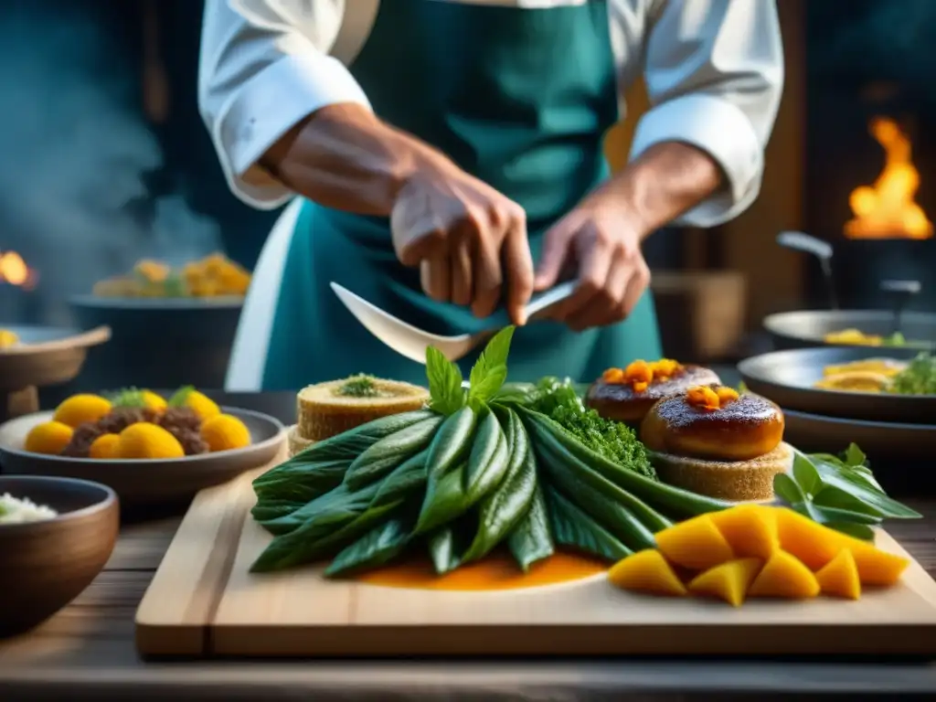 Un chef experto prepara con detalle un plato tradicional patagónico, resaltando la fusión cultural en la cocina