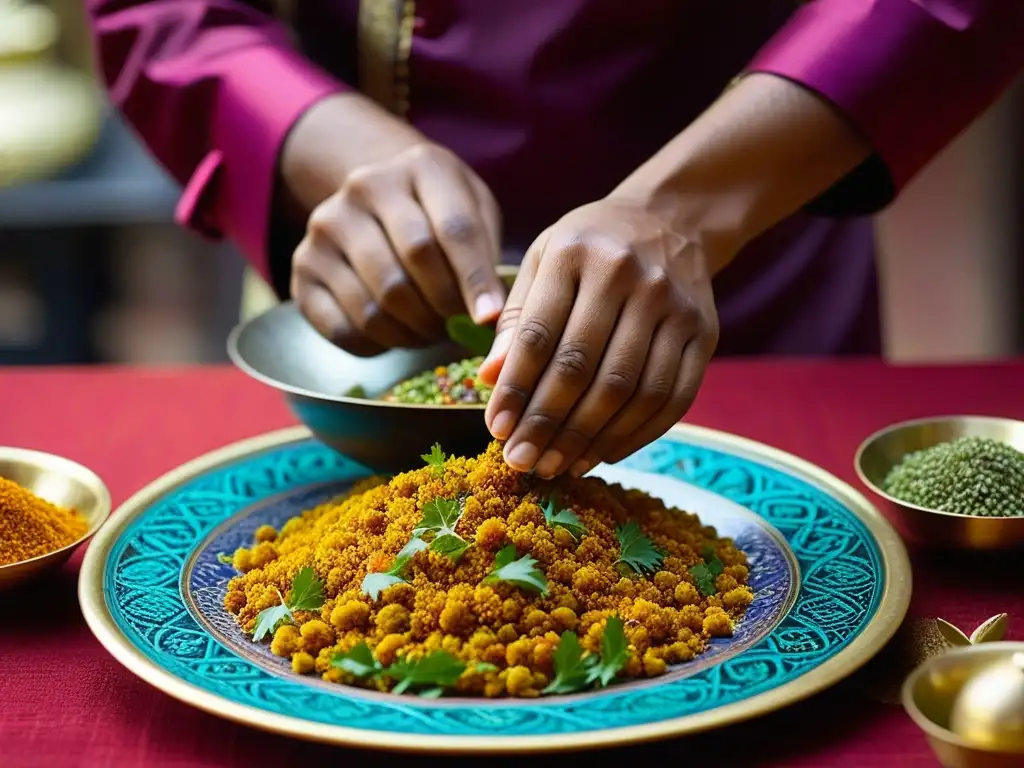 Chef experto crea diseños florales con especias vibrantes en plato Mughal, resurgimiento cocina Mughal siglo XXI