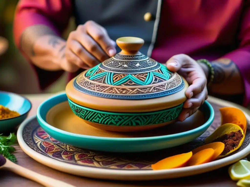 Un chef experto moldea diseños en Tajine, reflejando la influencia árabe en la cocina saheliana