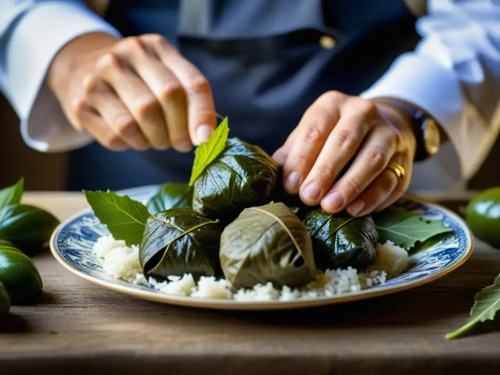 Un chef experto elabora dolmades griegos tradicionales con precisión