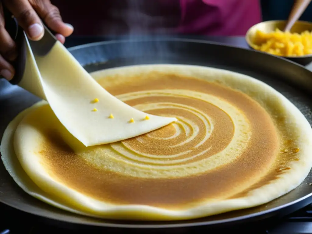 Un chef experto preparando un dosa, destacando la historia y preparación del Dosa