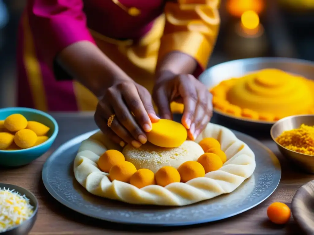 Un chef experto moldea dulces de Sankranti con maestría, en una escena culinaria tradicional