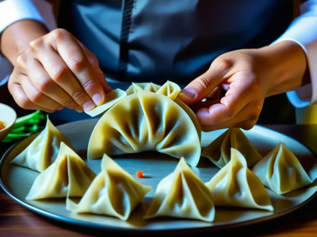 Un chef experto plegando dumplings asiáticos, mostrando arte culinario y detalle, influenciado por descubrimientos marítimos