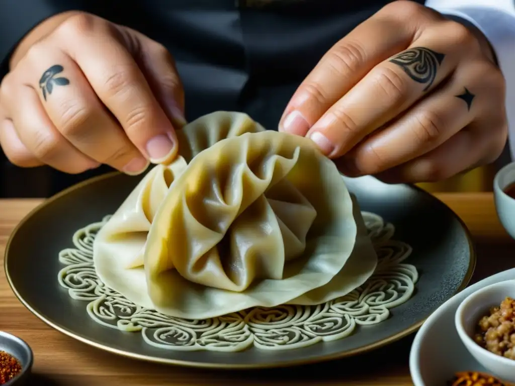 Un chef experto elaborando dumplings chinos, capturando la influencia de la cocina China en Sudeste Asiático