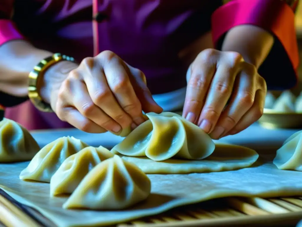 Un chef experto elabora dumplings chinos, exhibiendo la herencia culinaria de la Ruta de la Seda