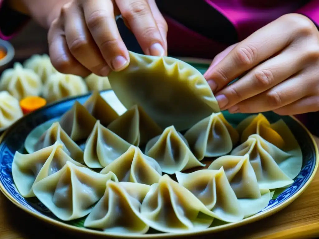 Un chef experto dobla delicadamente dumplings chinos, fusionando la tradición culinaria china e india