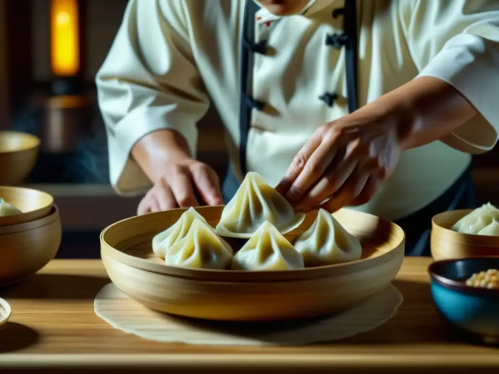 Chef experto preparando dumplings Ming en 8k Un chef experto preparando dumplings de la dinastía Ming, en una cocina tenue