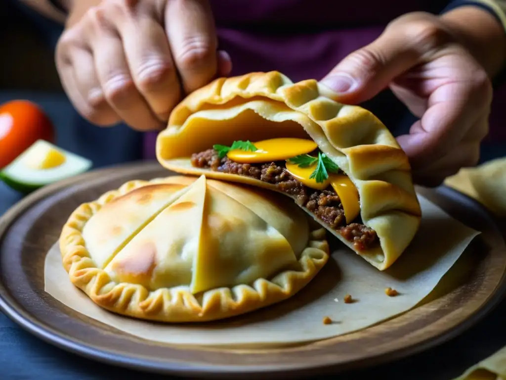 El chef experto prepara meticulosamente una empanada chilena tradicional en la histórica Pampilla