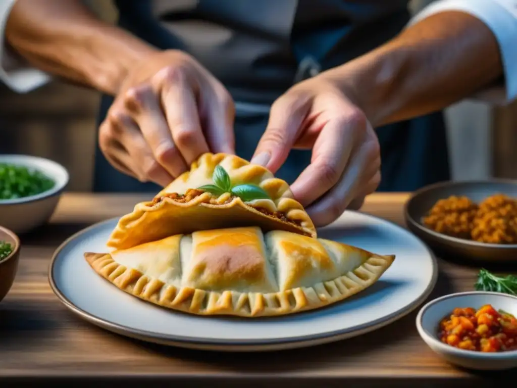 Un chef experto plegando una empanada de cordero Patagónico, fusionando recetas históricas y cultura culinaria