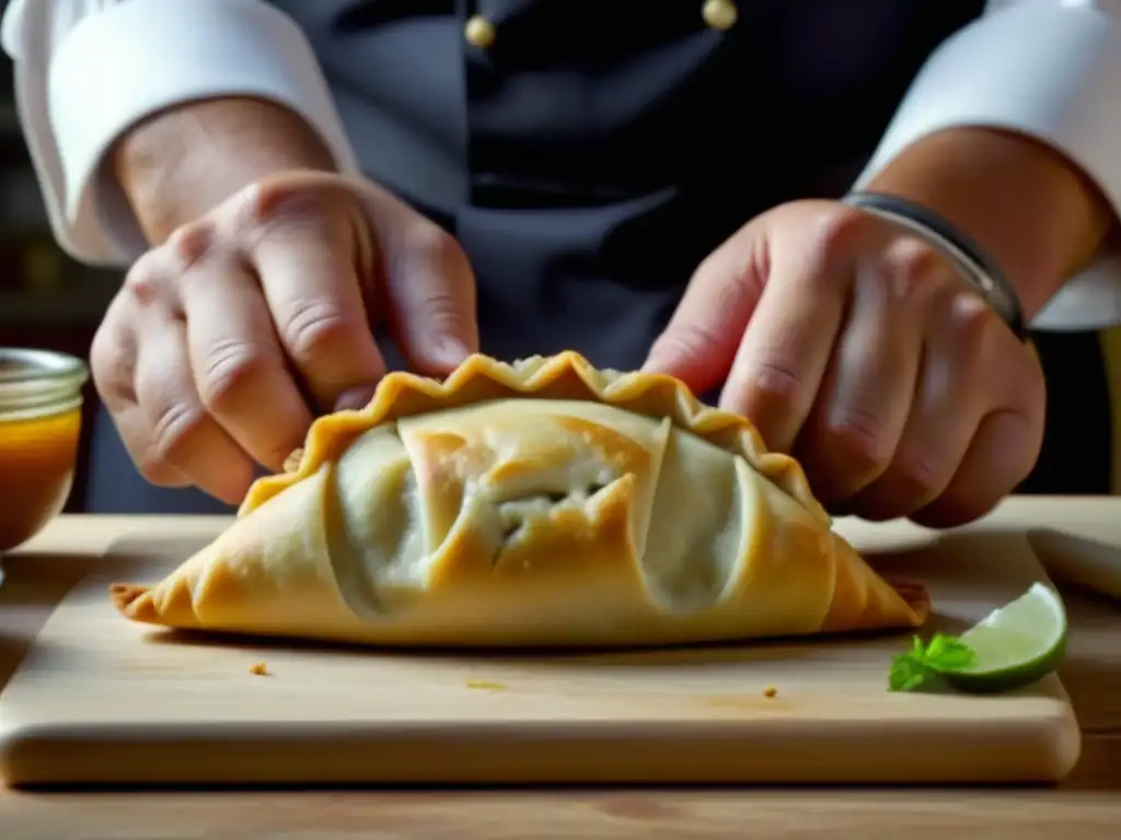 Un chef experto preparando una empanada, fusionando recetas históricas en una cocina bulliciosa