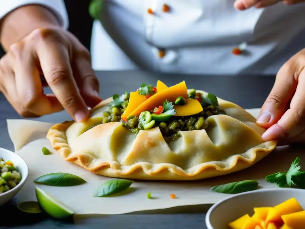 Un chef experto preparando empanadas rellenas con técnicas innovadoras en cocina rústica