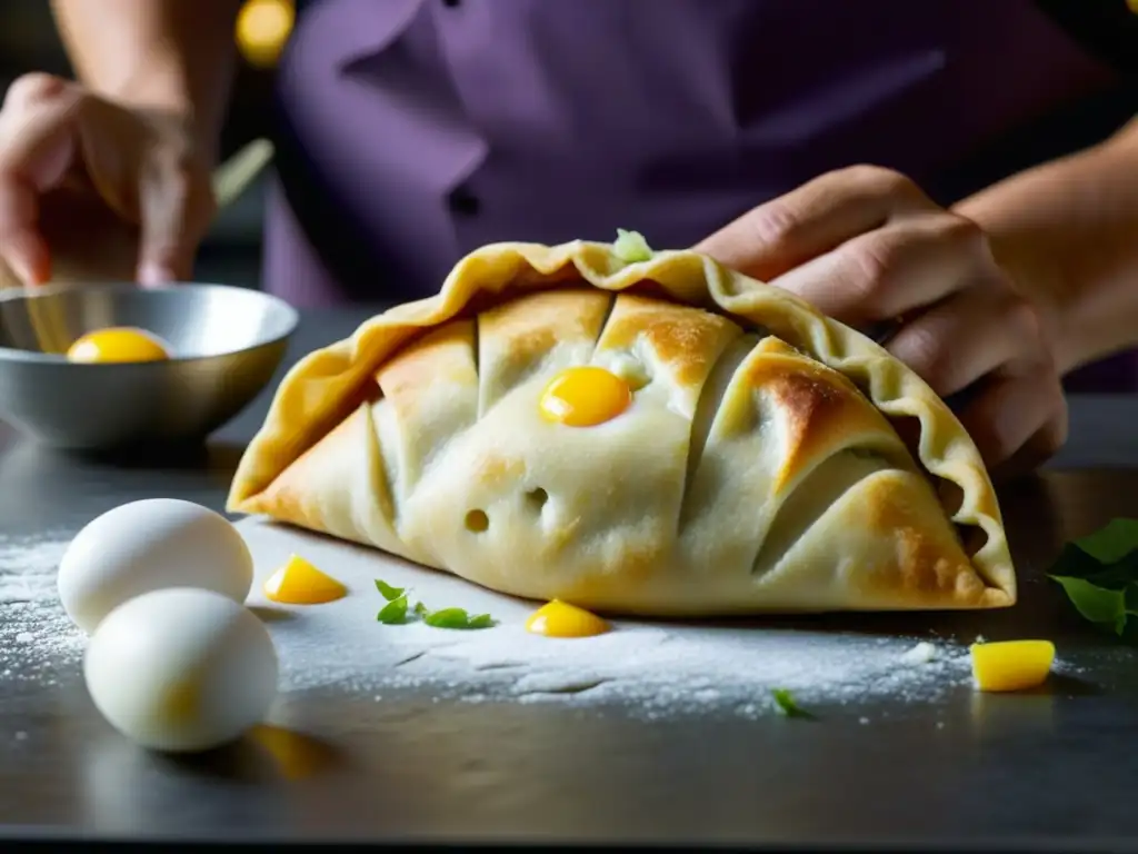 Un chef experto crea empanadas rellenas con técnicas innovadoras, fusionando tradición y modernidad