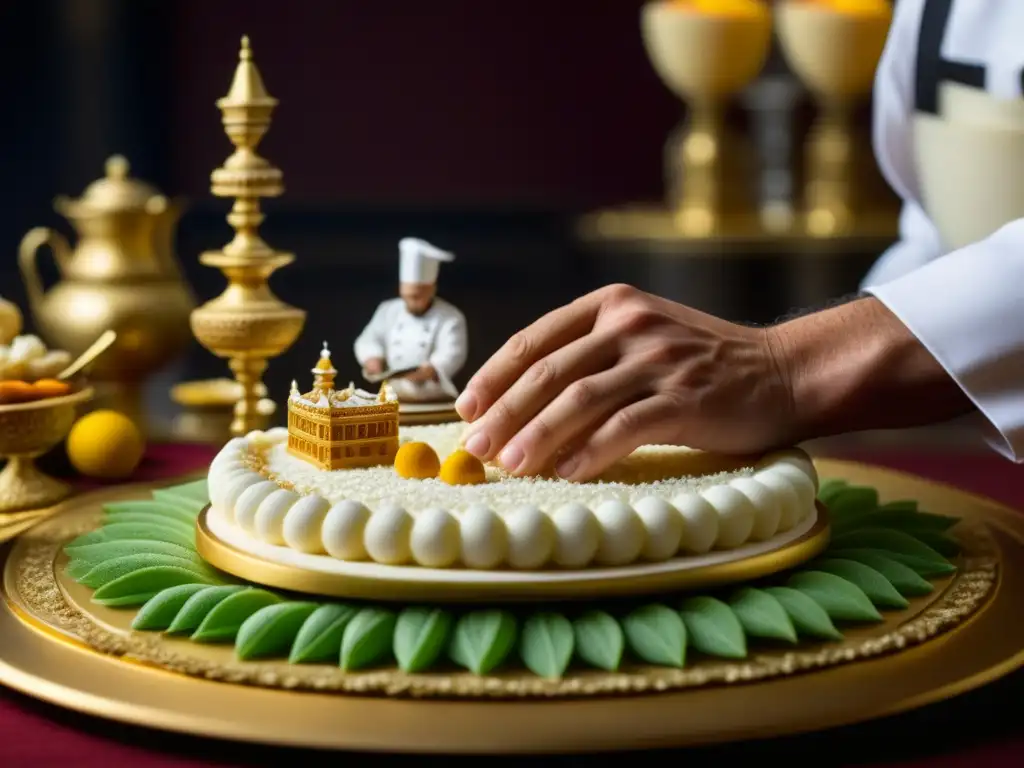 Un chef experto crea una escultura de azúcar detallada de una escena de banquete histórico, mostrando la influencia de celebraciones en cocina