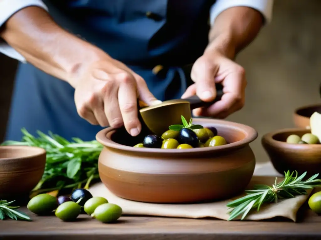 Un chef experto prepara con esmero una receta romana antigua con utensilios tradicionales