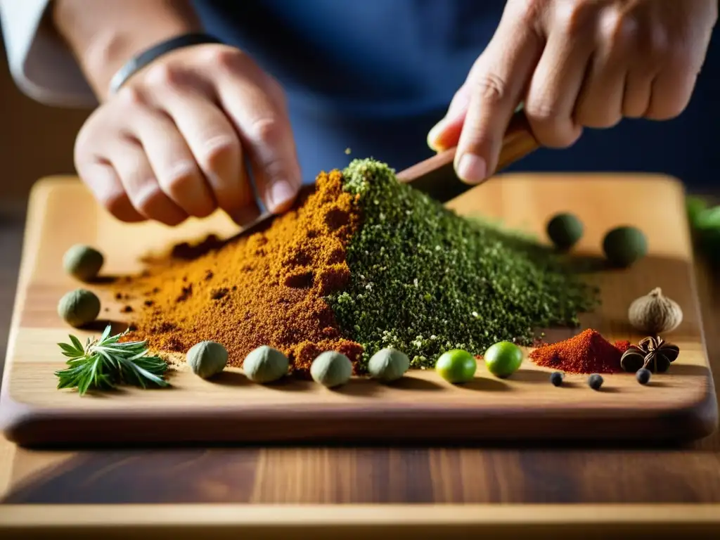 Un chef experto arregla especias coloridas en tabla de madera