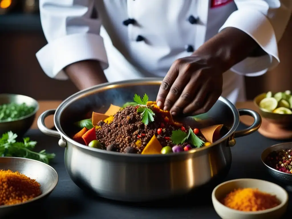 Un chef experto fusiona especias en un guiso aromático, con influencia africana en cocina europea