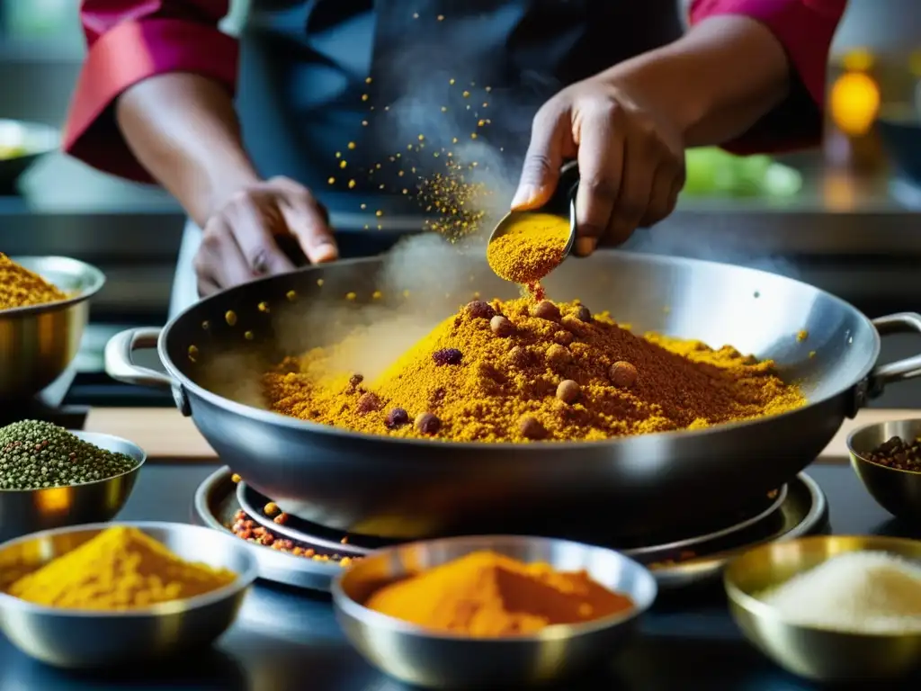 Un chef experto mezcla especias indias con ingredientes chinos en una cocina bulliciosa