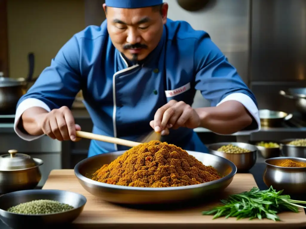 Un chef experto fusiona especias mongolas e hierbas indias en una cocina bulliciosa