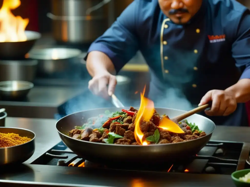 Chef experto mezclando especias mongolas con ingredientes indios en wok gigante ante llama intensa