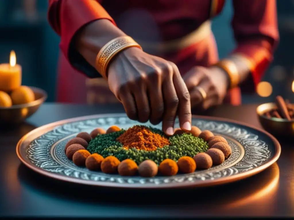 Un chef experto preparando especias vibrantes en una placa de cobre, capturando la esencia de la cultura culinaria india durante Diwali