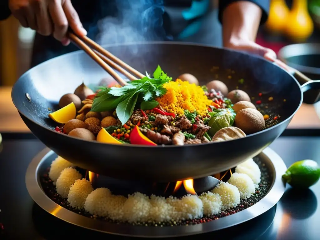 Un chef experto esparce especias sobre un wok con ingredientes coloridos, representando la cocina fusión IndoChina recetas históricas