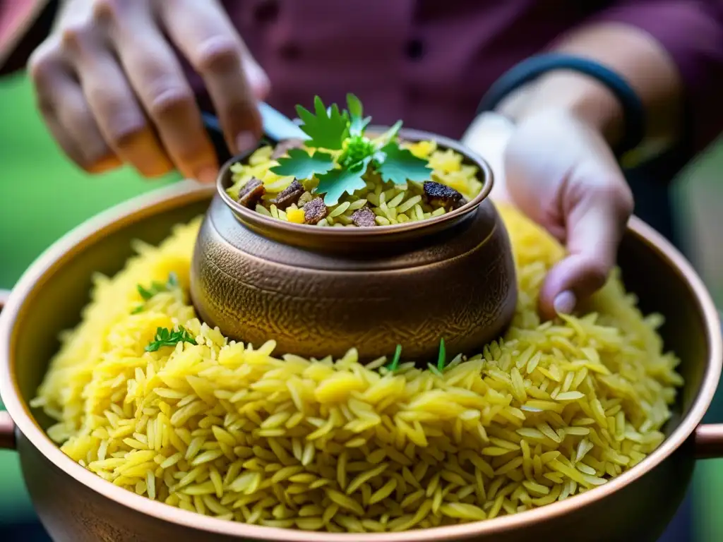 Un chef experto prepara un exquisito biryani Mughal en una olla de cobre reluciente, mostrando la magia de la Cocina Real Mughal ingredientes secretos