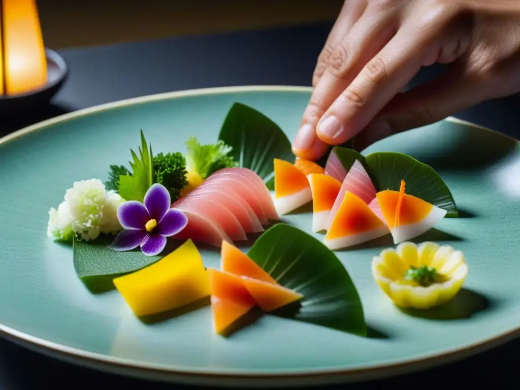 Un chef experto prepara un exquisito kaiseki contemporáneo alta cocina japonesa con precisión y arte en un plato moderno