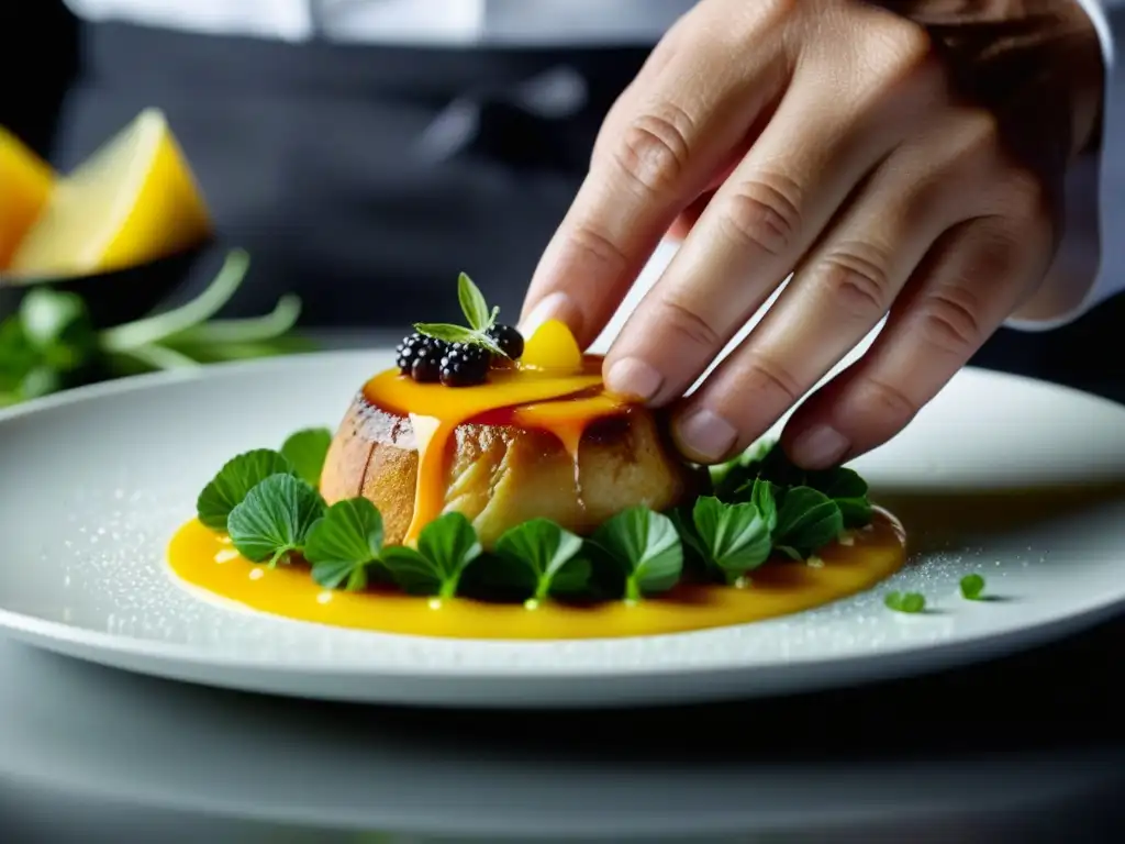 Un chef experto prepara un exquisito plato en una cocina profesional, destacando la precisión y arte culinario