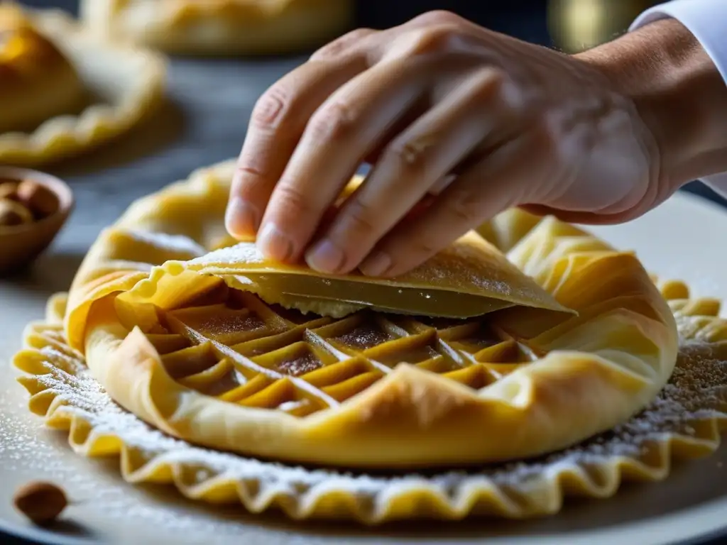 El chef experto prepara un exquisito postre griego con filo, miel y nueces