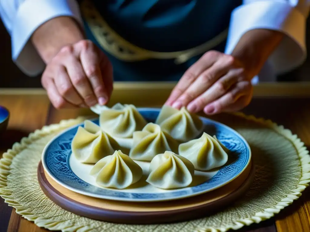 Un chef experto pliega exquisitos dumplings, resaltando la artesanía culinaria de la Ruta de la Seda