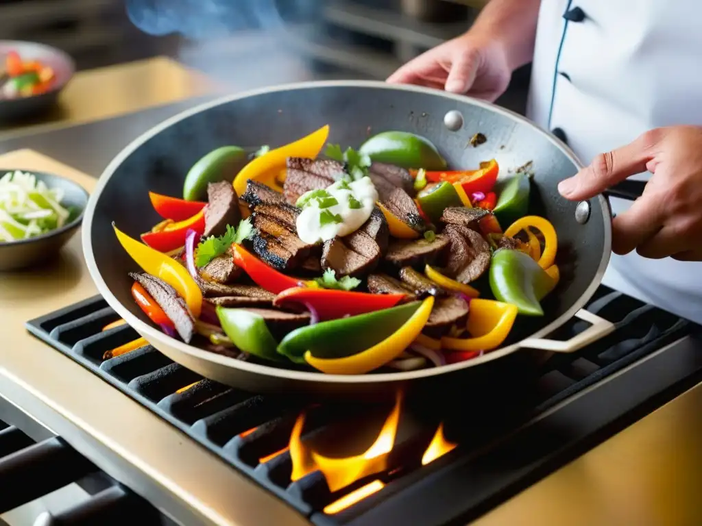 Un chef experto prepara una fajita texmex con destreza en la cocina, mostrando la historia de la comida texmex en cada detalle de la sartén humeante