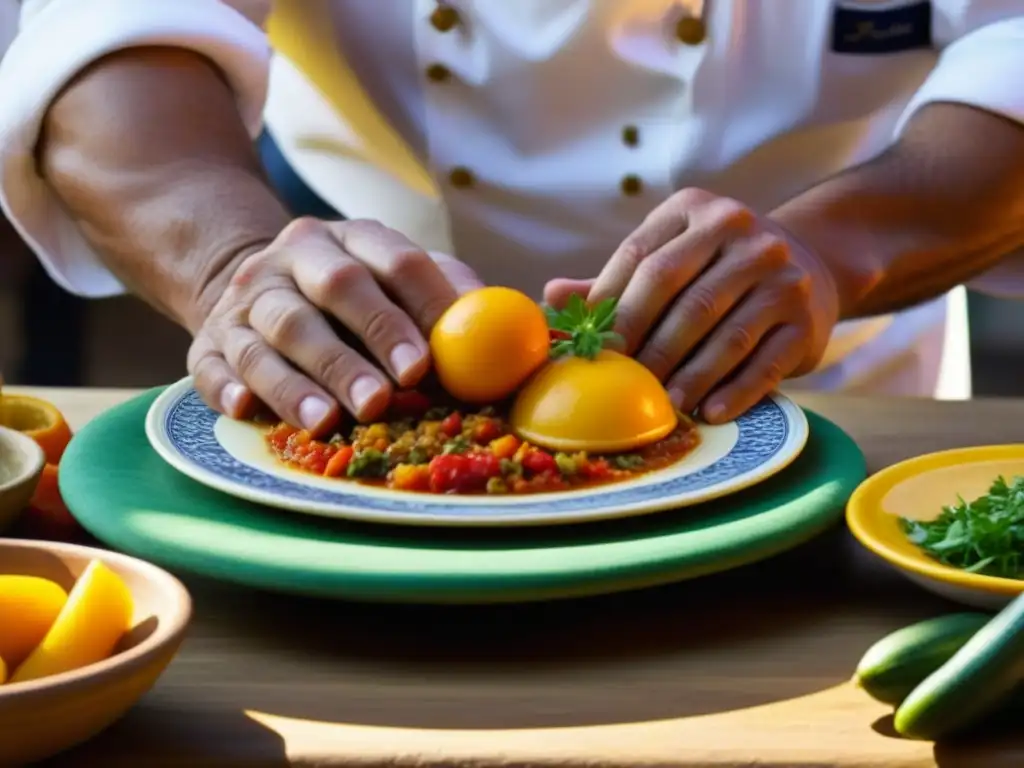 Un chef experto en el Festival de Alhambra prepara con pasión un plato tradicional, mostrando la cultura gastronómica