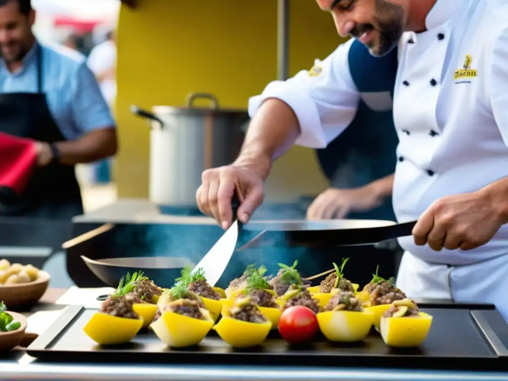 Chef experto preparando plato portugués en Lisboa Un chef experto en el Festival de las Carabelas de Lisboa preparando un plato portugués con precisión y arte