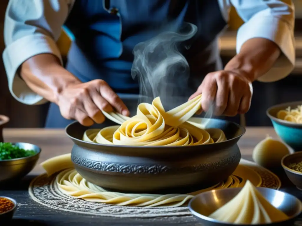 Un chef experto moldea fideos a mano en una cocina antigua de Asia Central