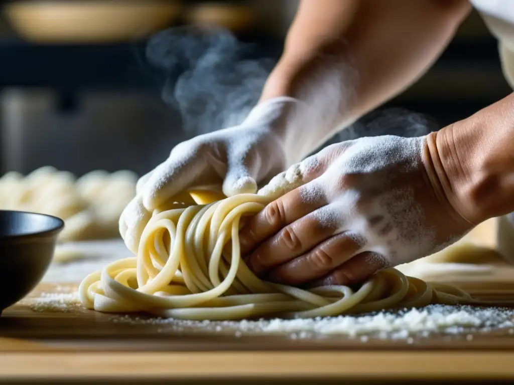 Un chef experto amasa fideos udon con destreza, destacando la textura delástica de la masa