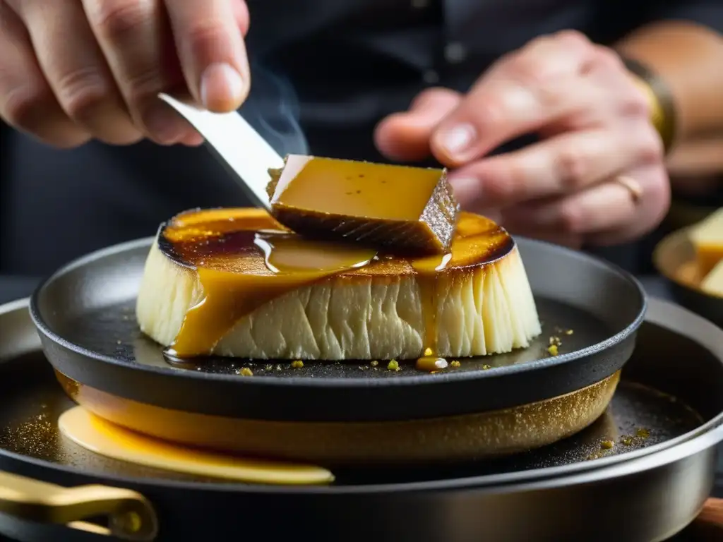 Un chef experto cocina foie gras, mostrando destreza y precisión en la preparación de esta delicia barroca