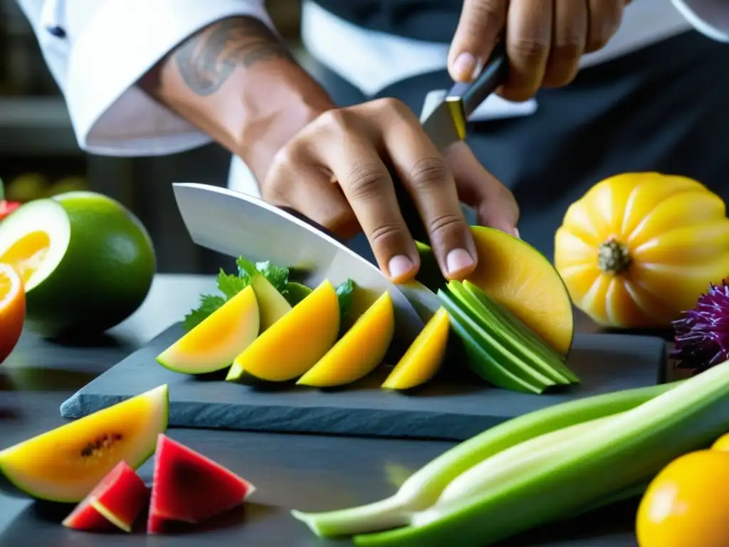 Un chef experto cortando frutas y verduras exóticas en la cocina de Catalina la Grande, fusionando sabores extranjeros