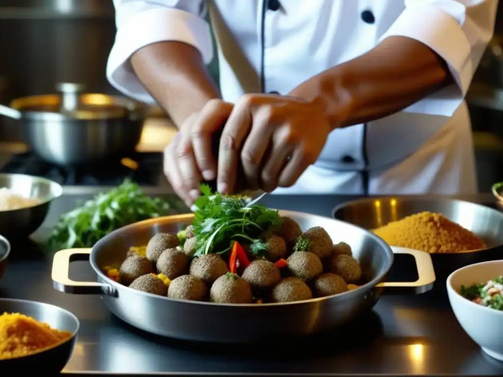 Un chef experto prepara una fusión cultural en una animada cocina de la época dorada, destacando la mezcla de sabores y técnicas culinarias